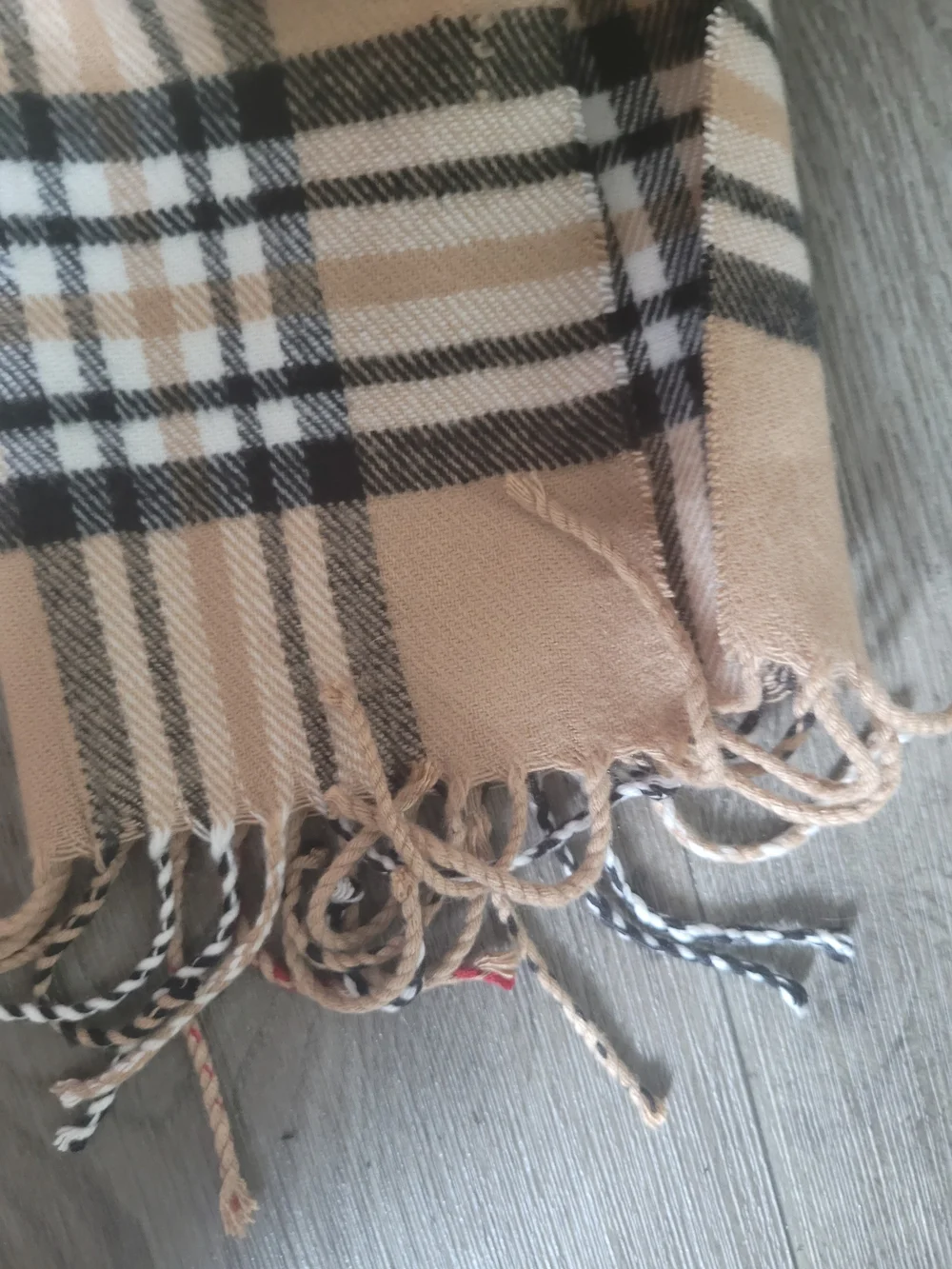 Men's Beige Plaid Scarf with Fringe
